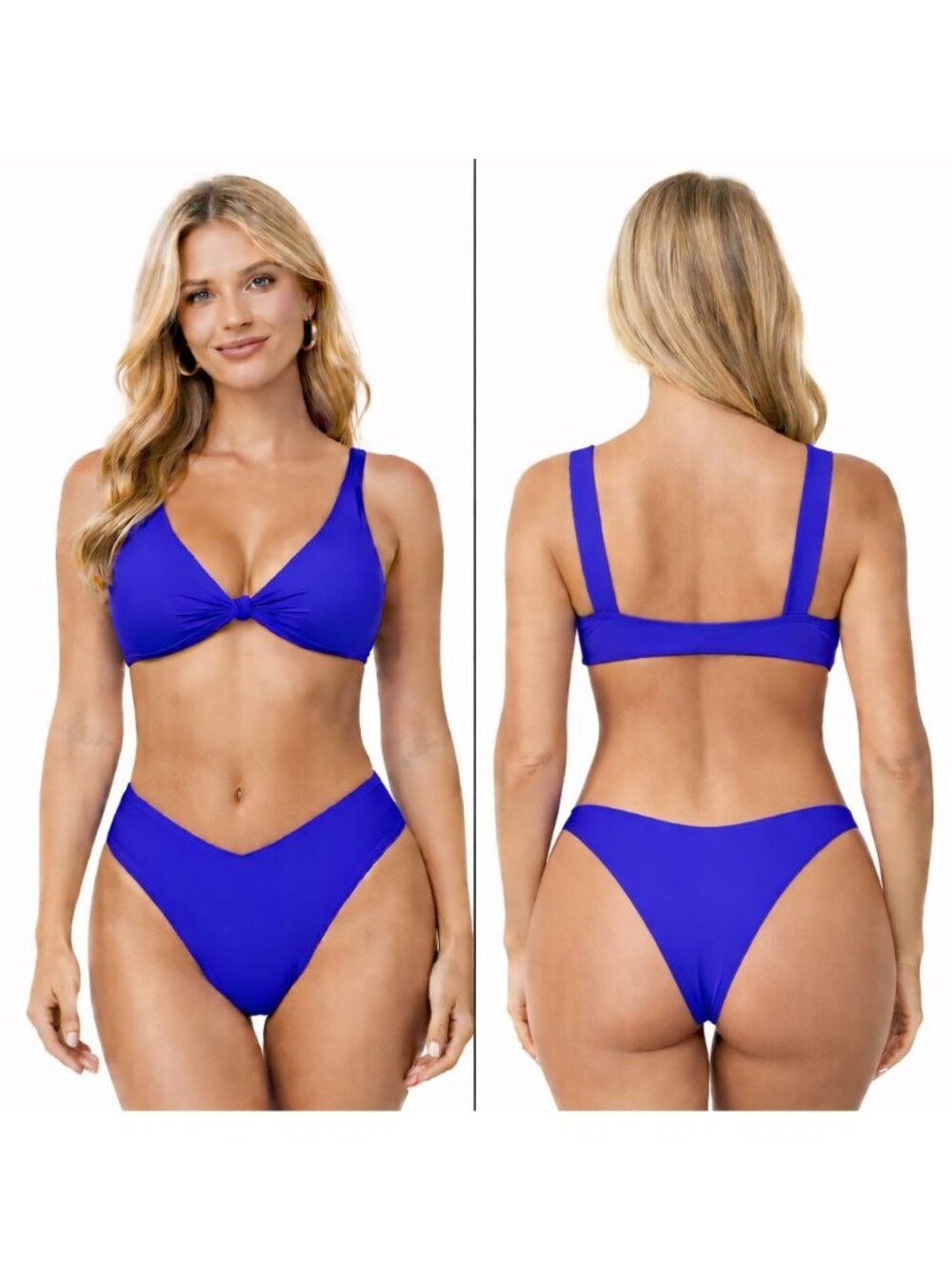 B14🆕Large Royal Blue Bikini V Neck Knot Front Push Up High Cut Cheeky Bottom